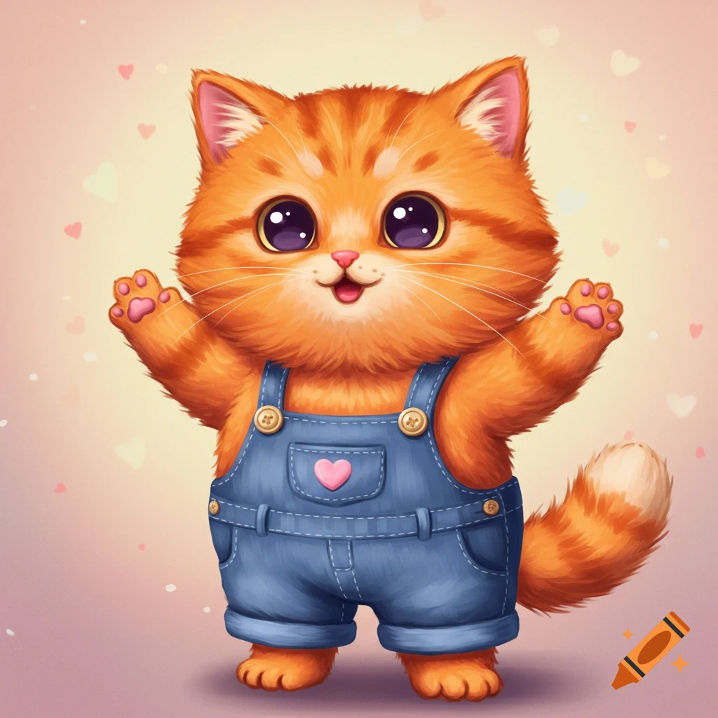 A cute cartoon ginger cat wearing denim overalls and raising its paws.