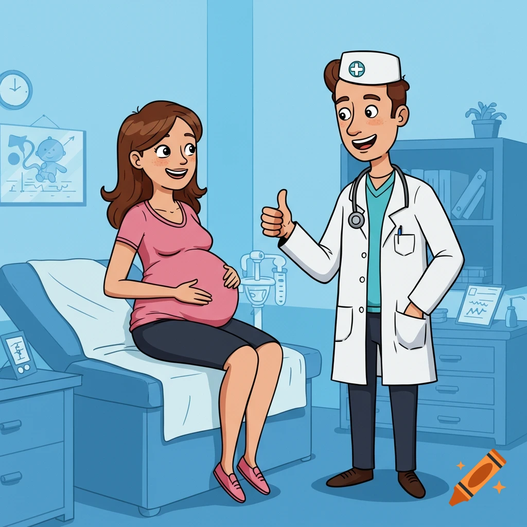 Cartoon of a pregnant woman sitting on an exam bed with a doctor giving a thumbs up.