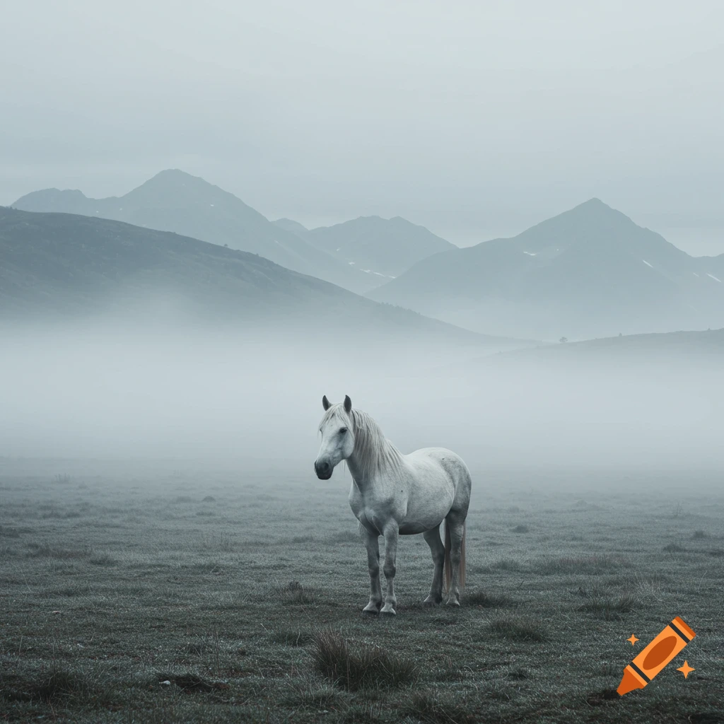 A white horse stands in a misty field before mountains.
