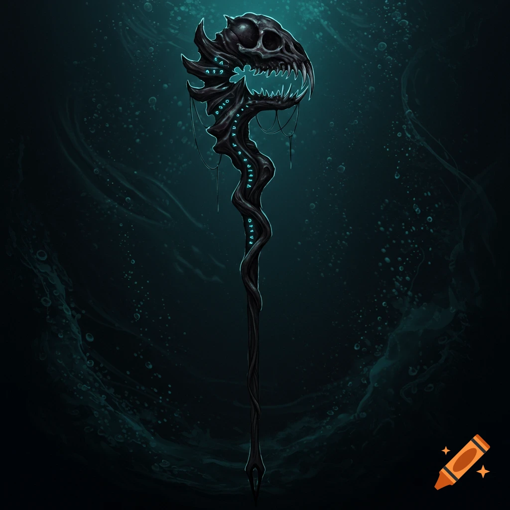 A dark, skull-headed staff with glowing runes underwater.