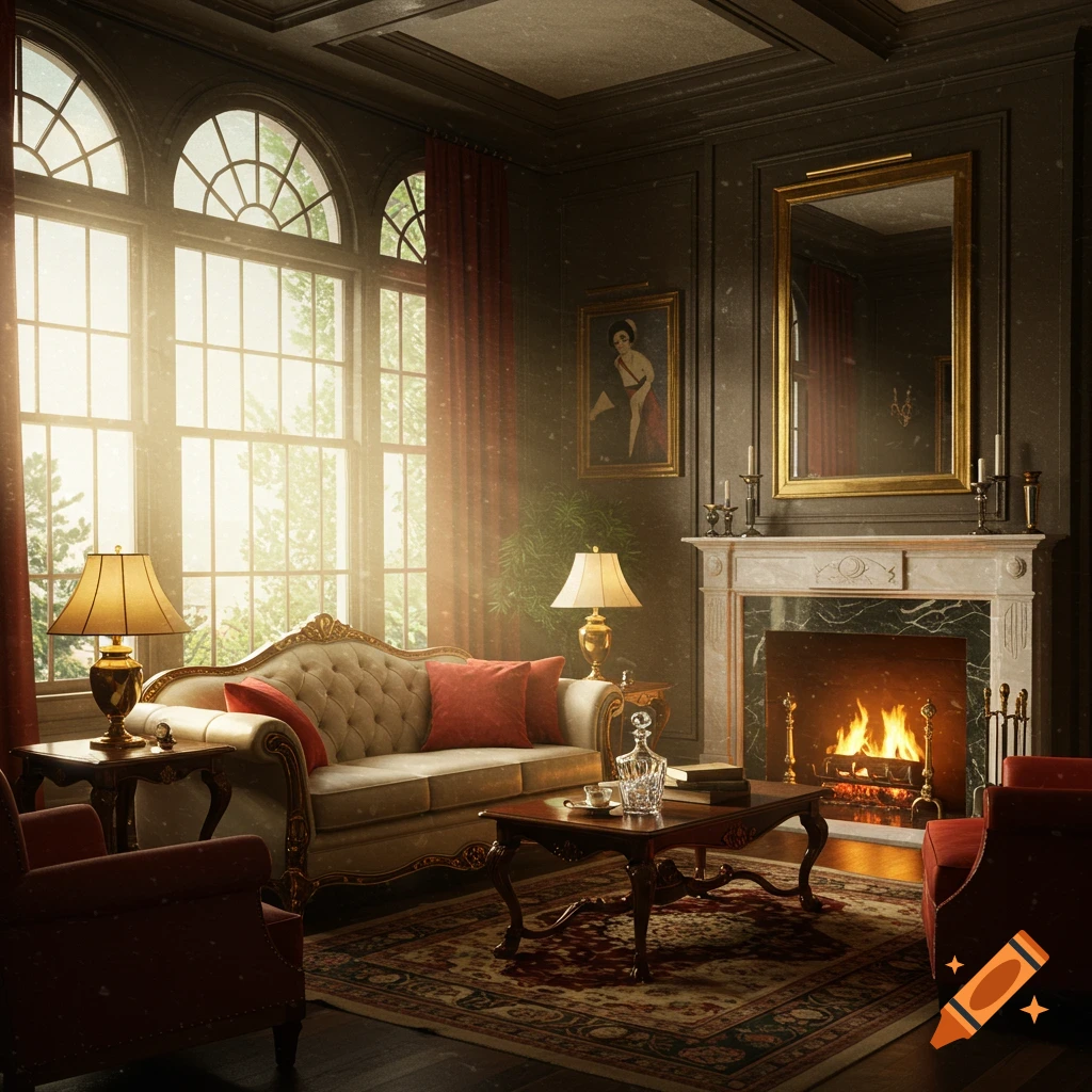 A luxurious, old Hollywood style living room with a fireplace, couch, chairs, and large arched windows.