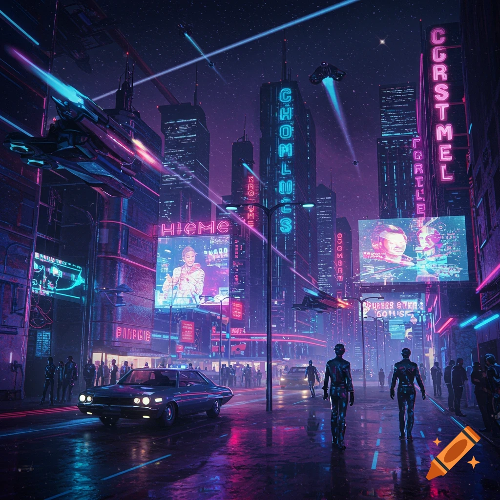 A futuristic cyberpunk city street at night with neon signs, flying vehicles, and a car.