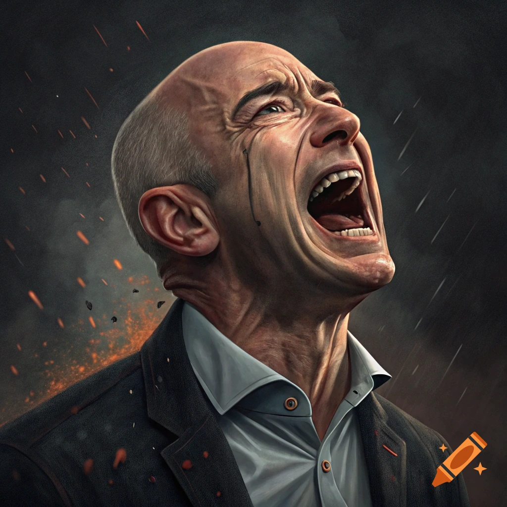 Stylized portrait of Jeff Bezos screaming in pain