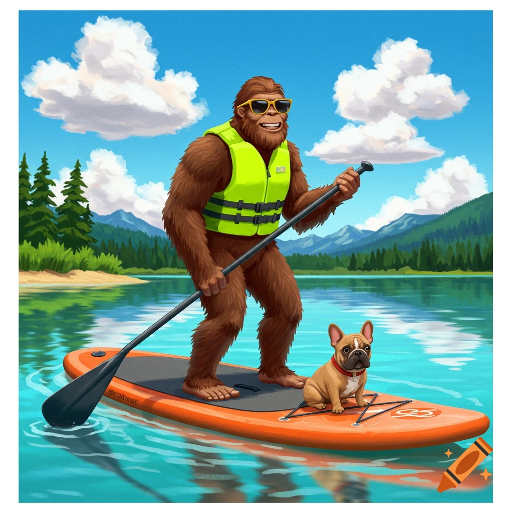 Digital illustration of a bigfoot wearing sunglasses and a life jacket, paddleboarding on a lake with a French bulldog.
