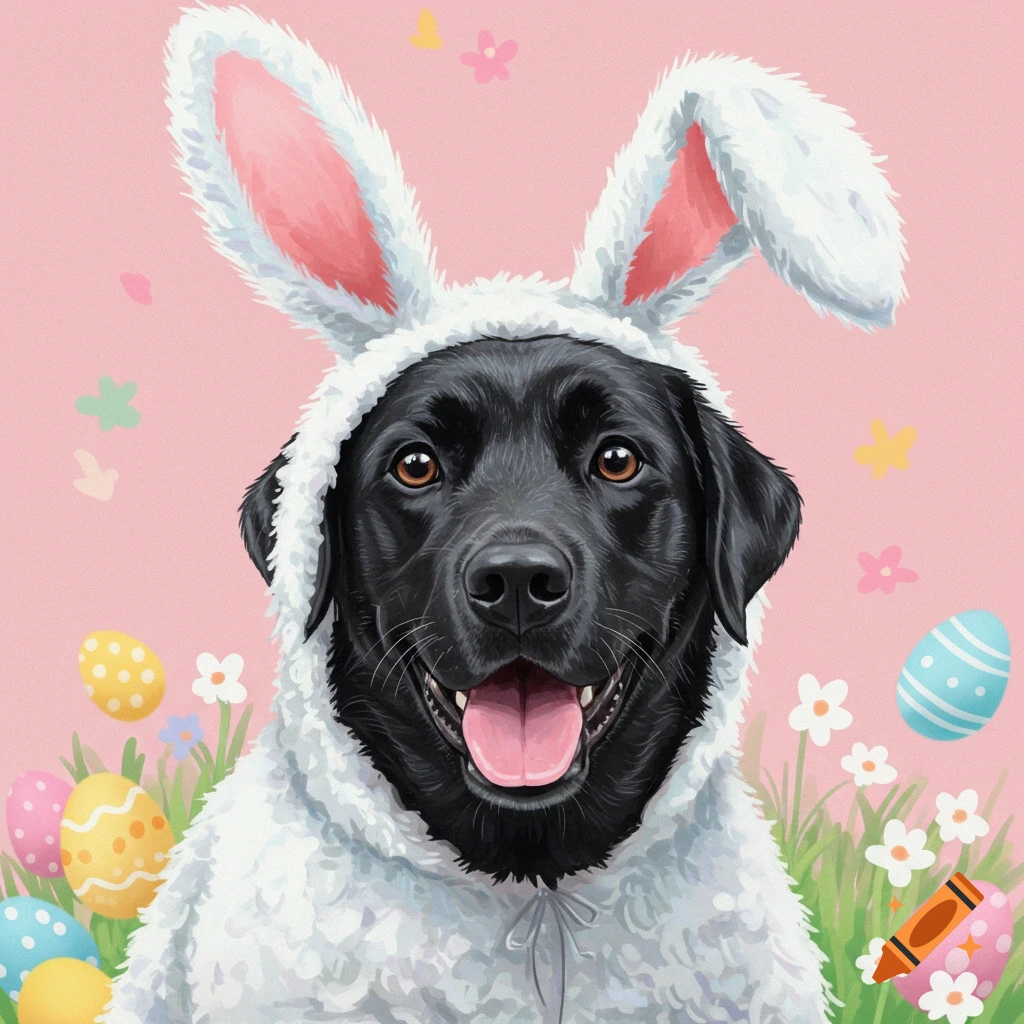 A black dog wearing a white Easter bunny costume is surrounded by colorful Easter eggs and flowers.