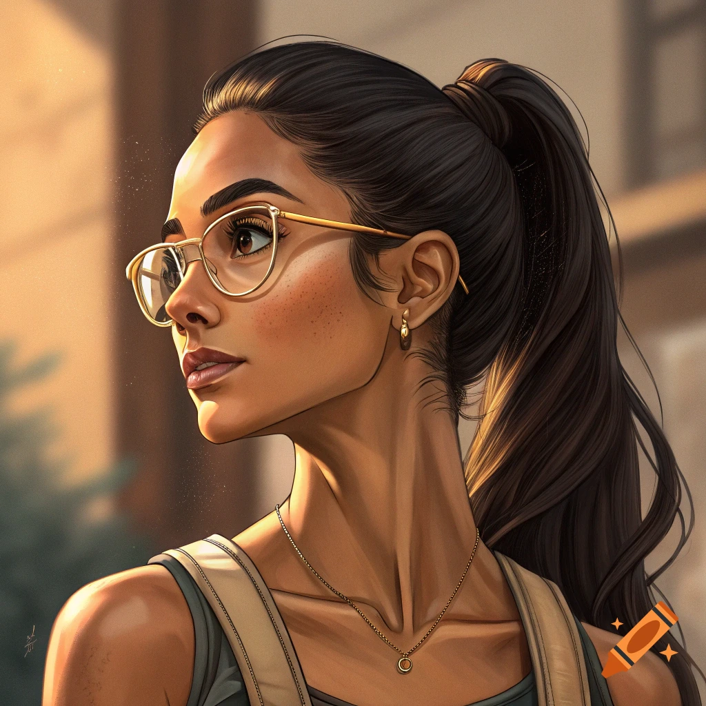 Digital illustration of a woman with glasses and a ponytail in profile.