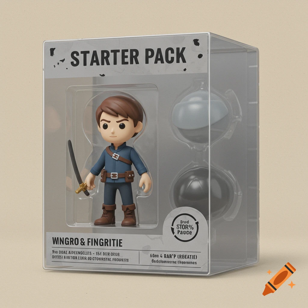 A stylized male figurine with a sword in clear plastic packaging labeled "STARTER PACK".
