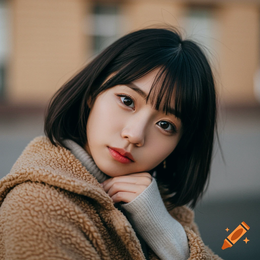 Close-up portrait of a young woman with short dark hair wearing a brown fluffy jacket