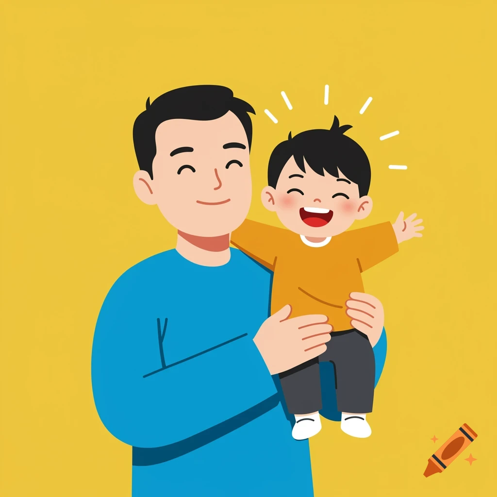 Flat cartoon illustration of a father holding his giggling son on a yellow background.