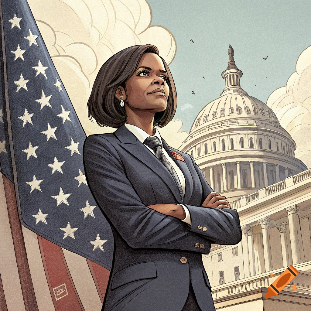 Illustration of a woman in a suit standing in front of the US Capitol and American flag.