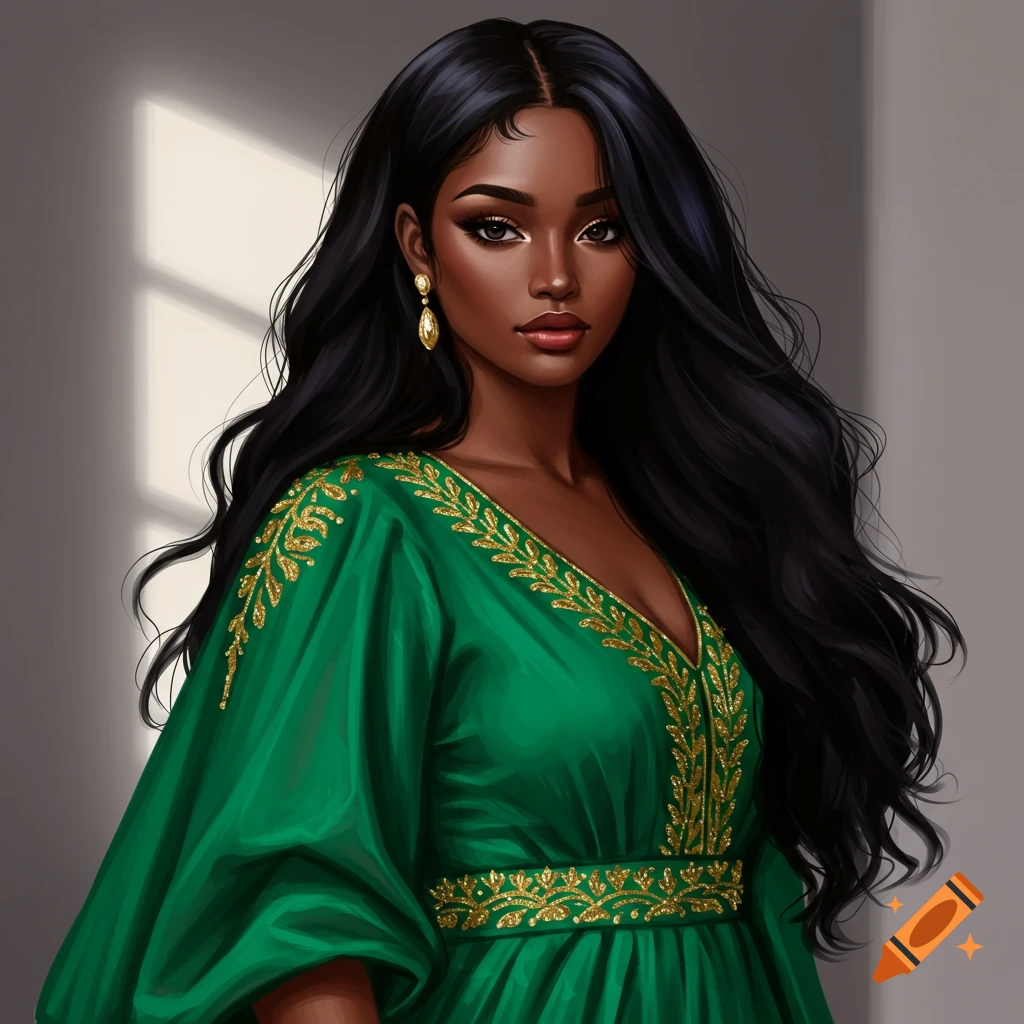 Painting of a woman with long black hair, gold earrings, and a green dress with gold embroidery.