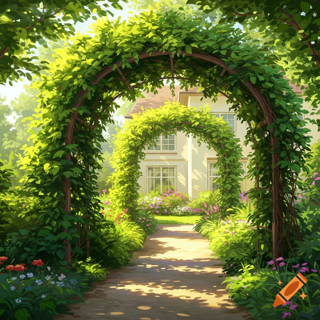 A garden path leading through a vine-covered arch towards a house.