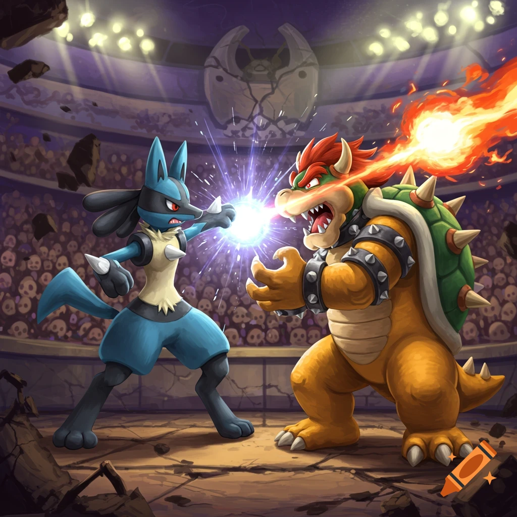 Lucario and Bowser fighting in an arena, Lucario shooting energy, Bowser breathing fire.