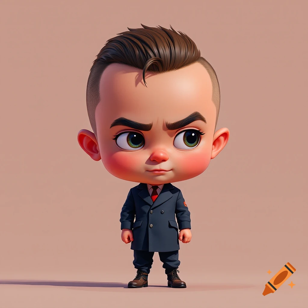 Chibi character in a suit, resembling a Funko Pop.