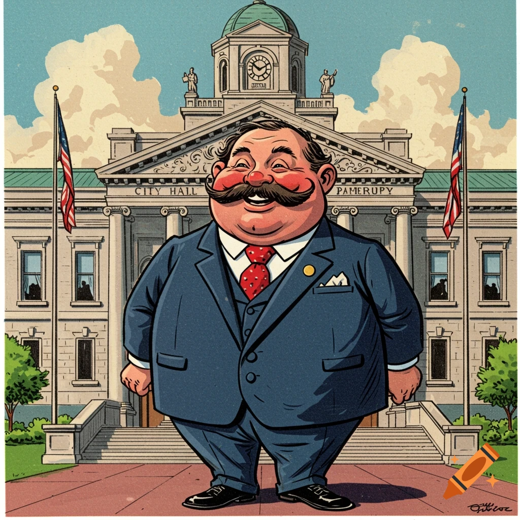 Cartoon illustration of a portly man with a large mustache standing in front of City Hall