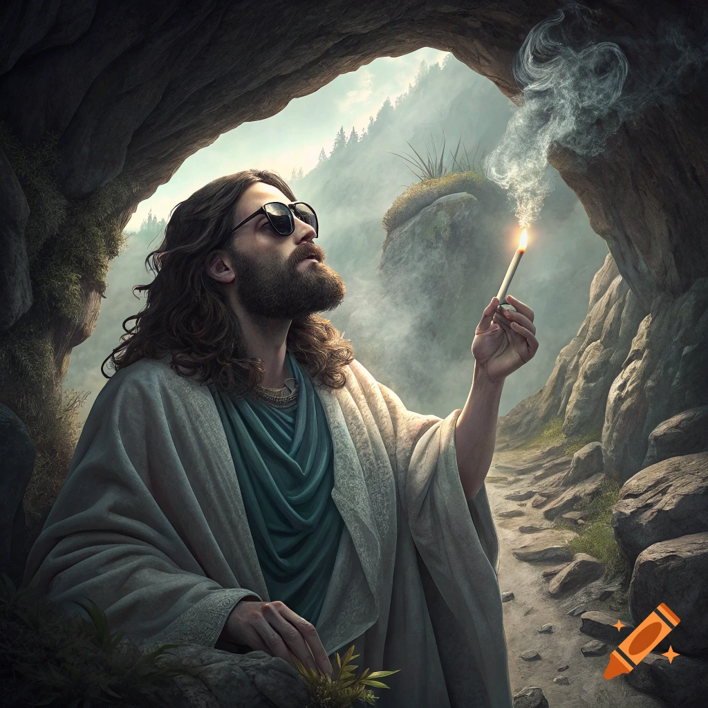 Figure resembling Jesus with sunglasses smokes in a cave entrance.