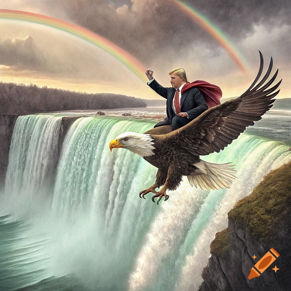 Donald Trump rides a giant bald eagle over a large waterfall with rainbows in the sky.