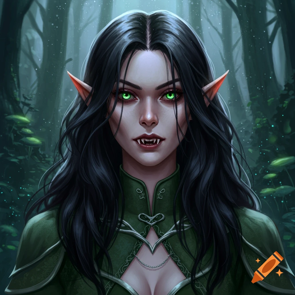 Portrait of a dark-haired elven woman with green eyes and fangs in a forest.