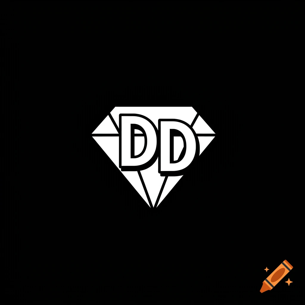 White outline logo with letters DD inside a diamond shape on black background.