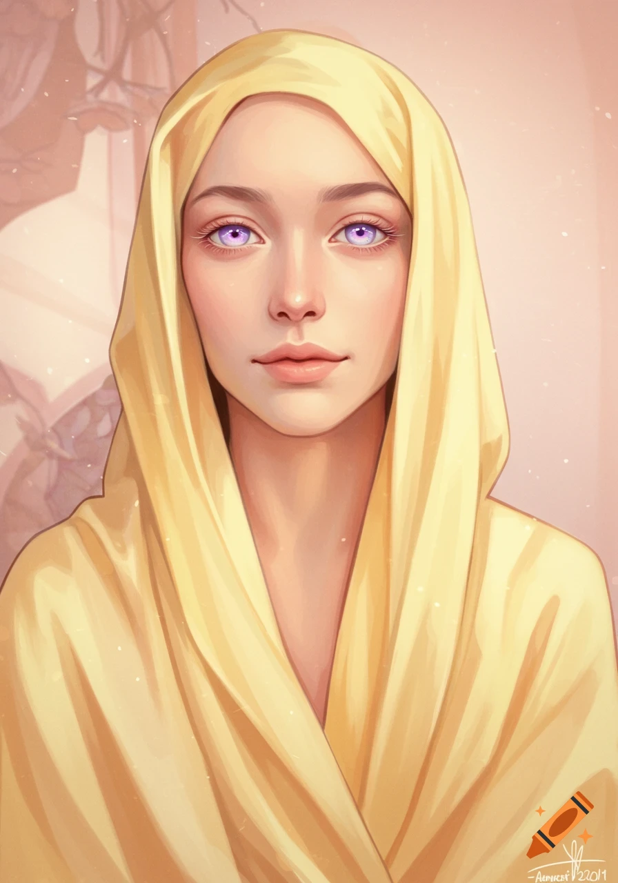 Portrait of a woman with violet eyes in a yellow robe.