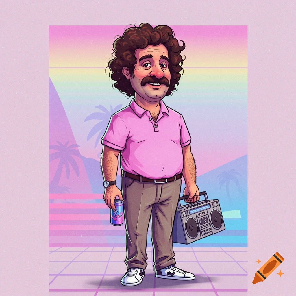 A man with a mustache wearing a pink polo shirt is holding a boombox and soda in an 80s style setting.