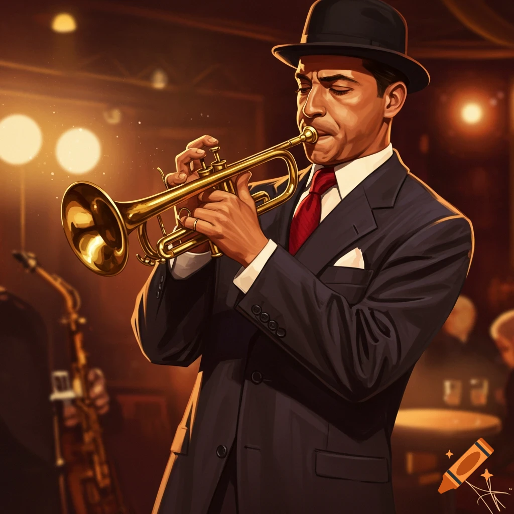 Image of a jazz musician playing a trumpet while wearing a suit and bowler hat.