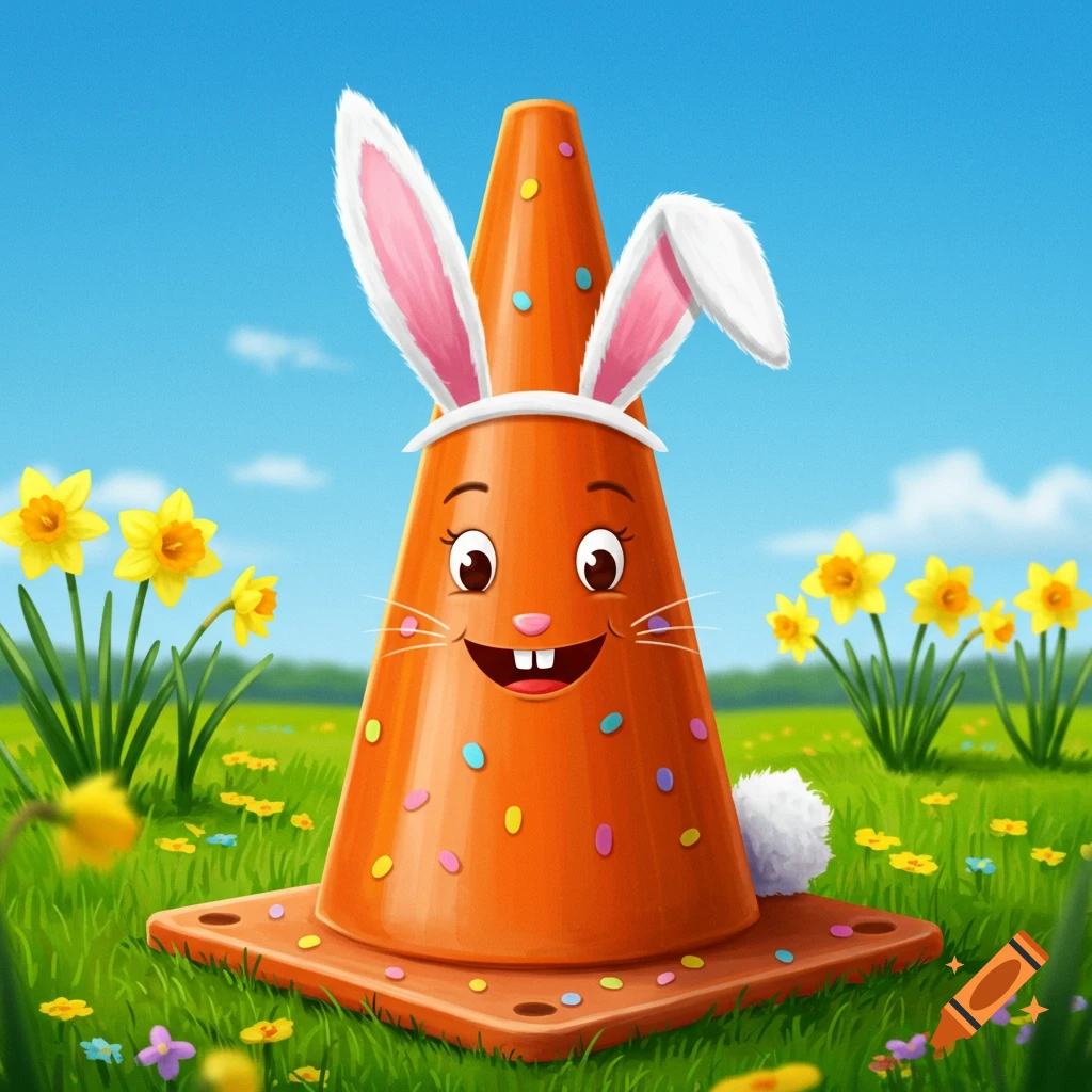 An Easter bunny traffic cone in a field of flowers