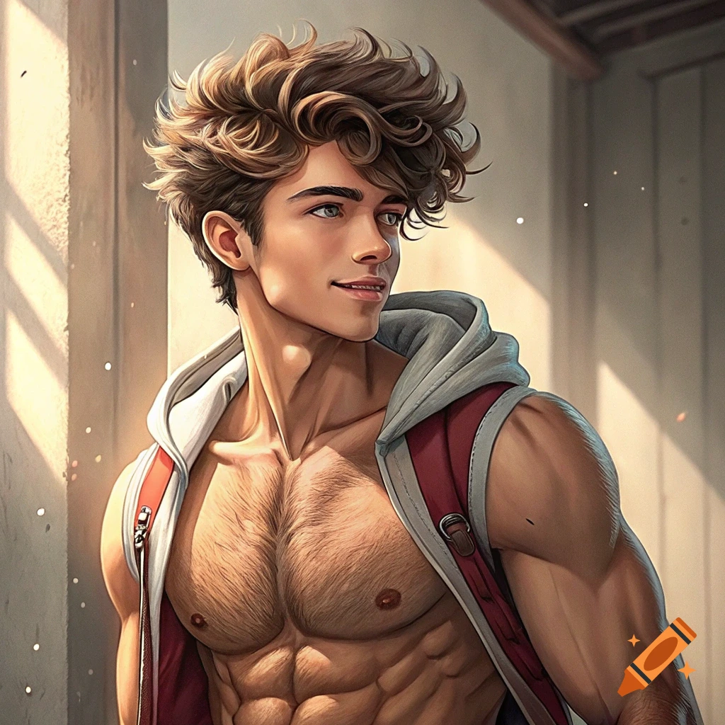 Illustration of a muscular man with fluffy hair wearing an open hoodie.