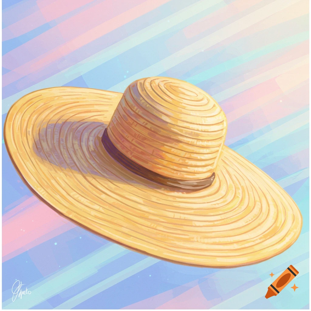 A straw hat against a background of pastel color streaks.