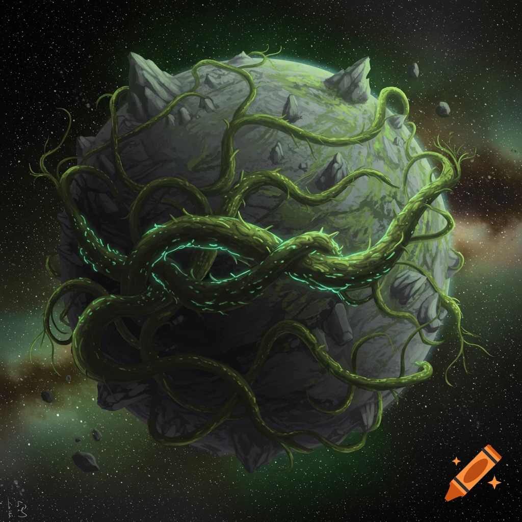 A rocky planet covered in twisting green vines in space.