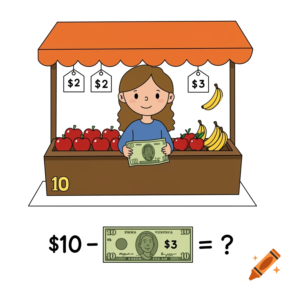A cartoon girl at a fruit stand holds a $10 bill. Apples cost $2 and bananas cost $3. Below is the math problem $10 - ($2 + $3) = ?