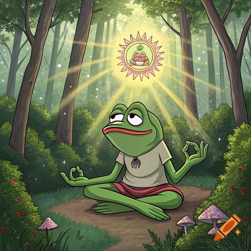Cartoon illustration of Pepe the frog meditating in a forest clearing with a radiant aura.