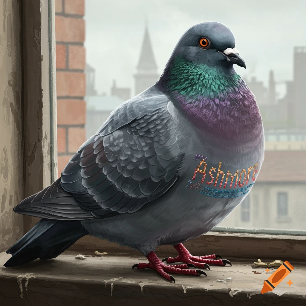 A pigeon with 'Ashmore' cross stitched on its chest sitting on a windowsill.
