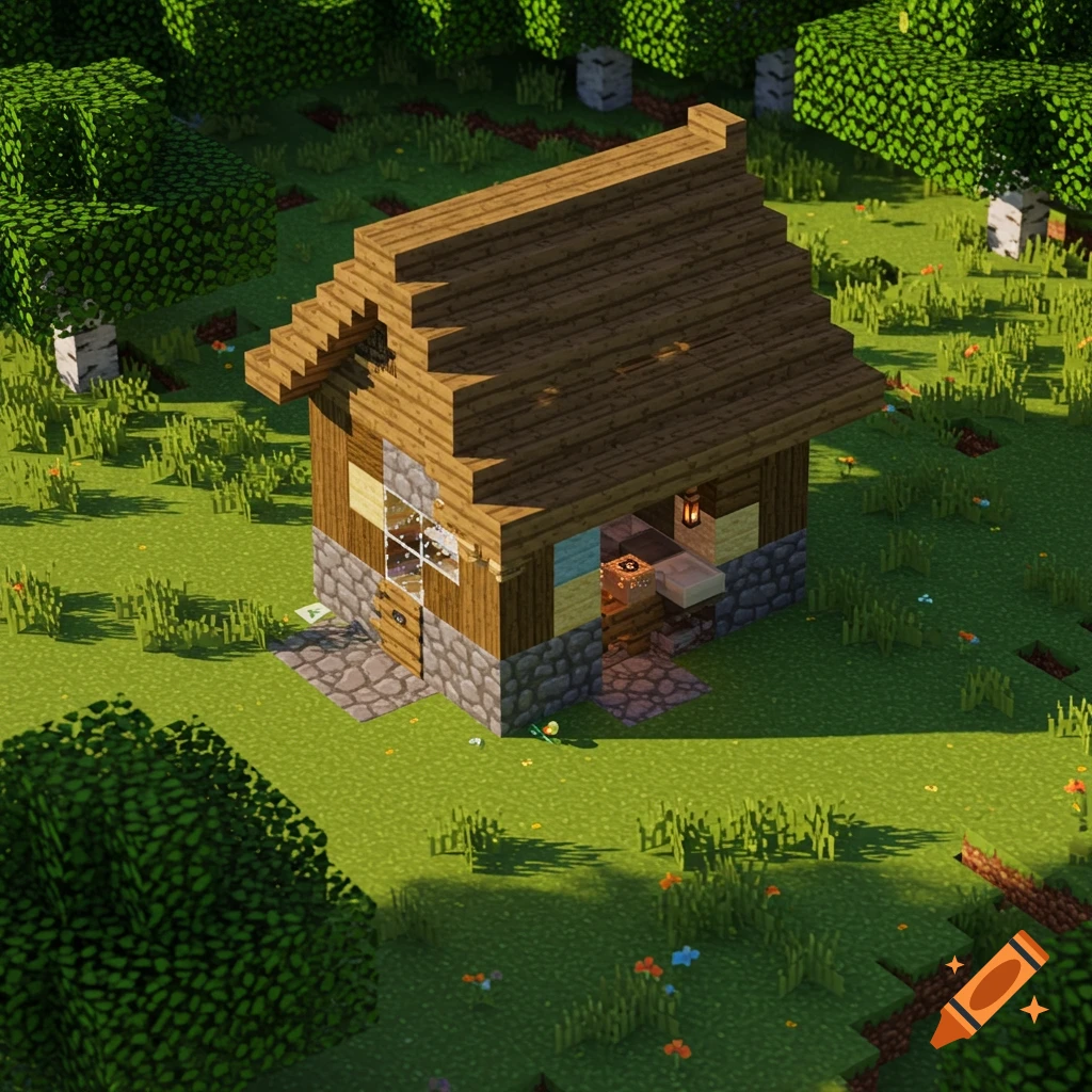 A blocky wooden house in a grassy field rendered in a Minecraft style.