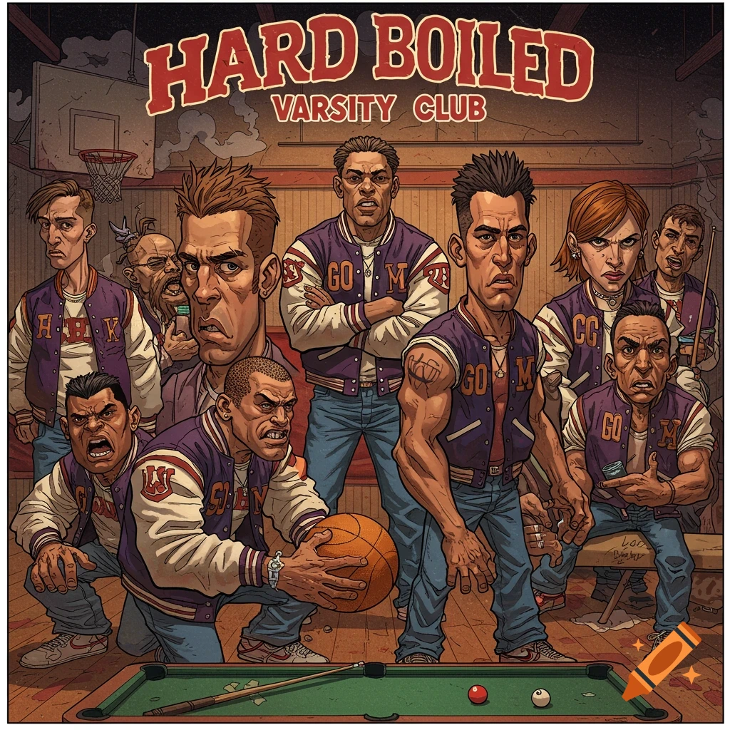 A group in varsity jackets stands in a gym.