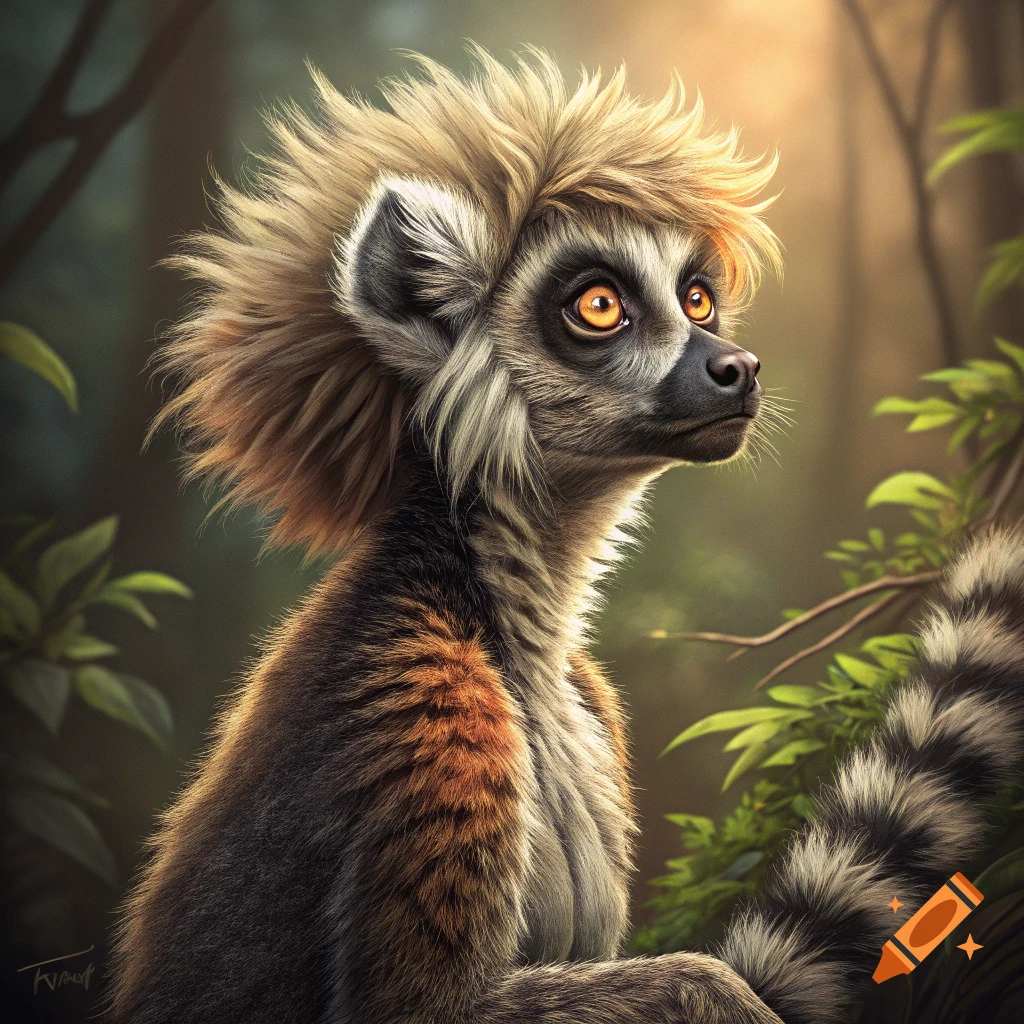 A fantasy creature resembling a lemur with a large, spiky blond hairstyle sits in a forest.