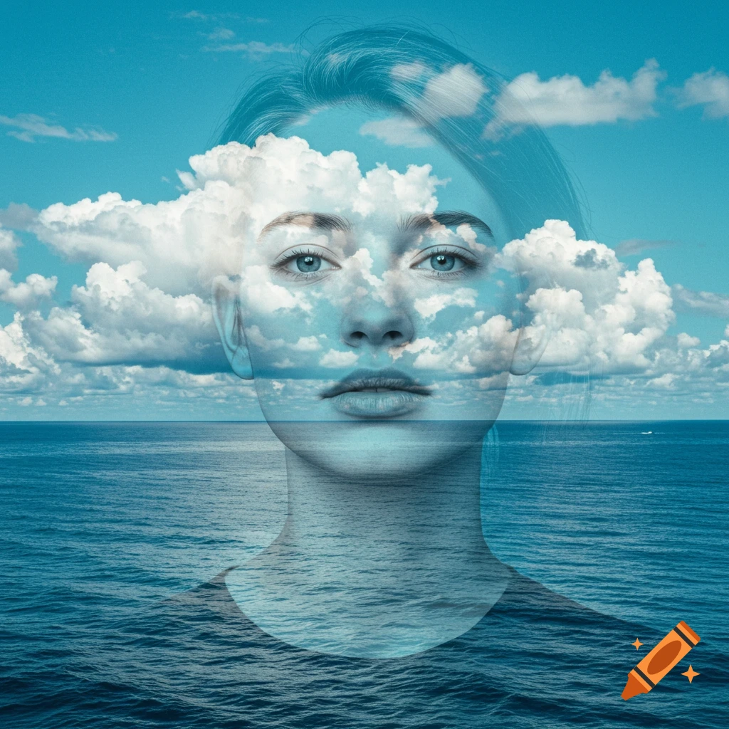 A double exposure portrait featuring clouds and ocean waves layered over a face.