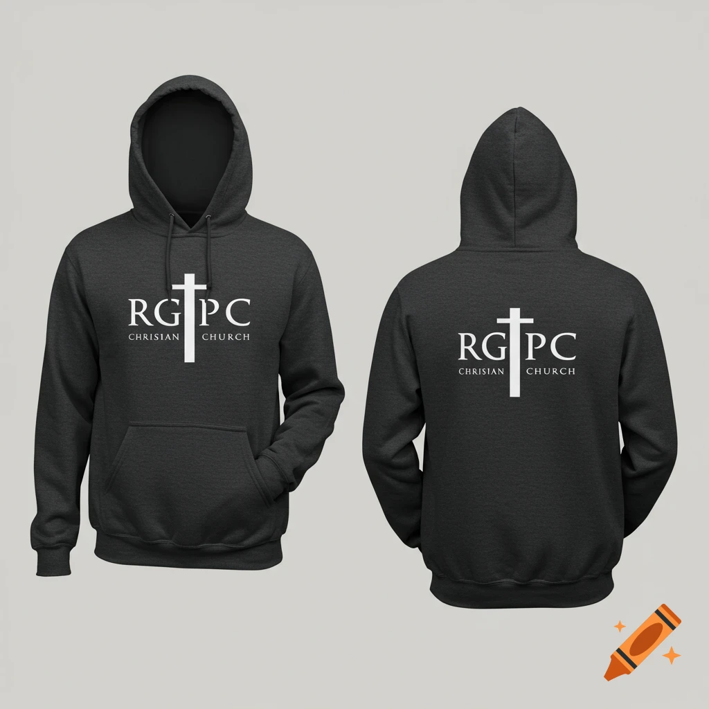 Front and back view of a charcoal hoodie with a white Christian church logo and text.