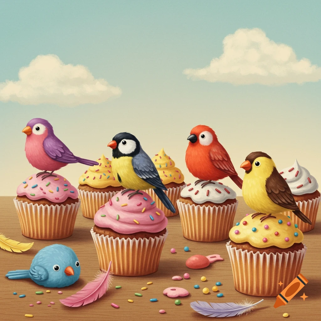 Colorful birds sitting on cupcakes.