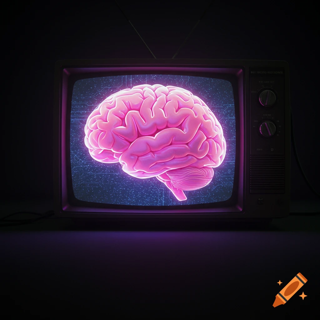 A pink glowing brain on a retro television screen.