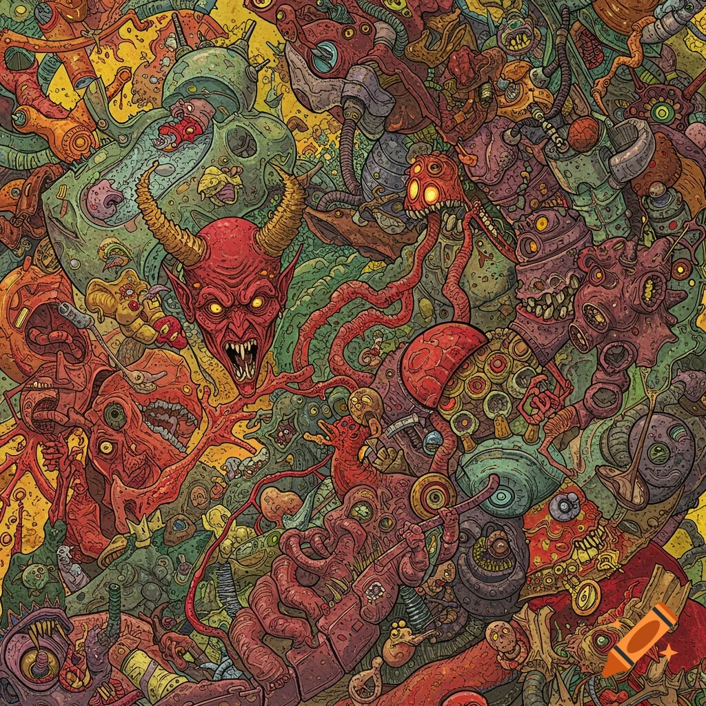 Detailed illustration of chaotic demons and creatures in red and green tones.