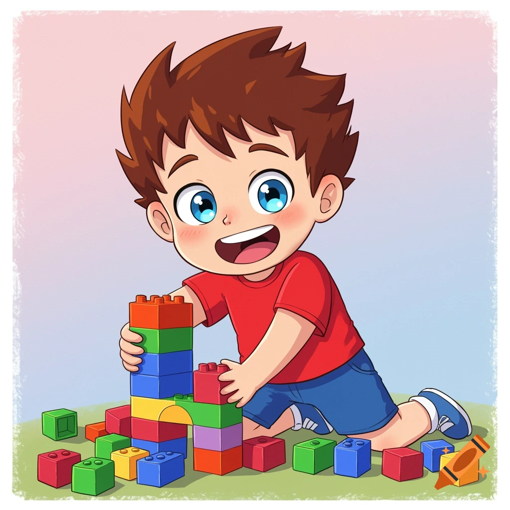Cartoon illustration of a happy boy building a tower with colorful toy blocks.