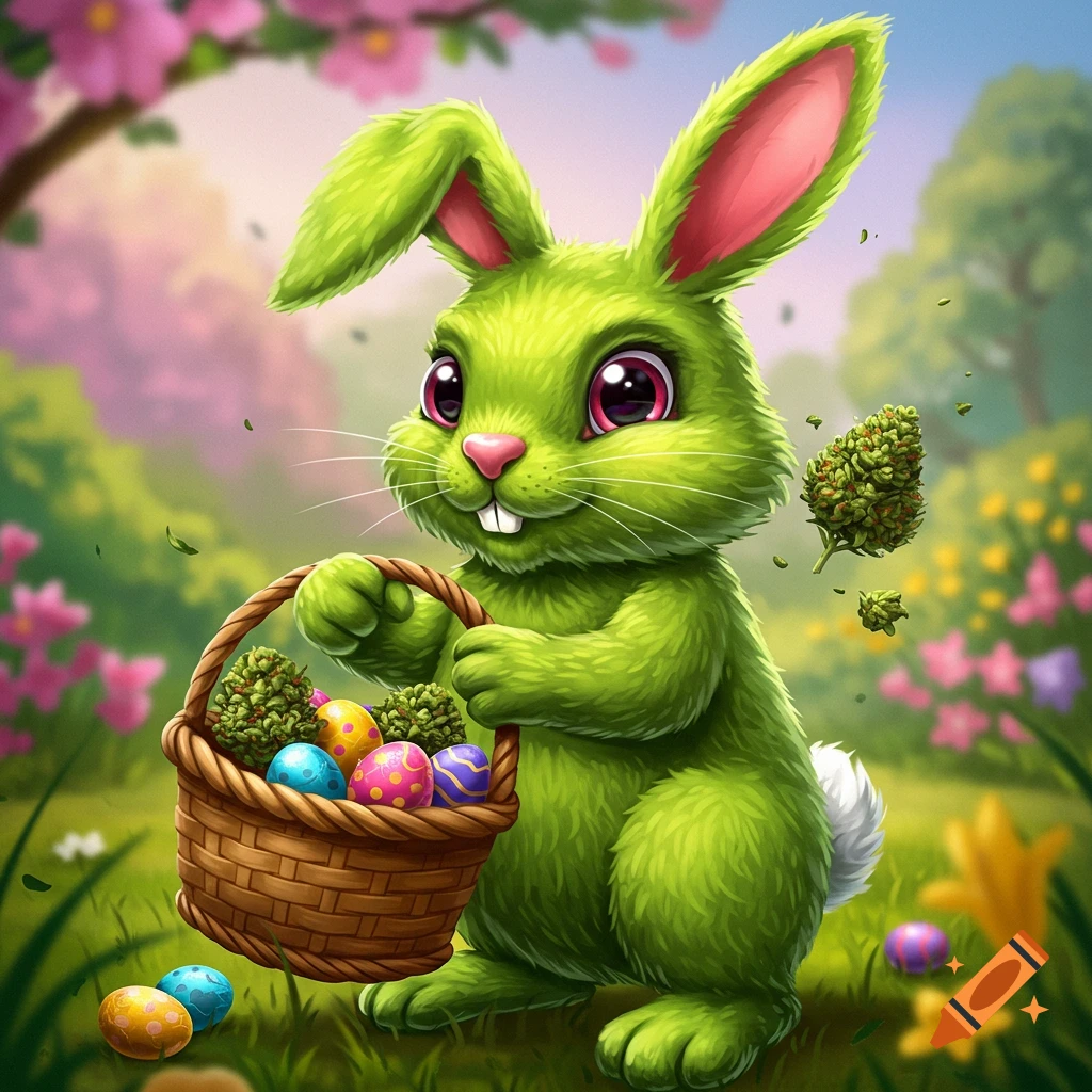 Green Easter bunny holds a basket of eggs and cannabis buds in a spring field, digital art.