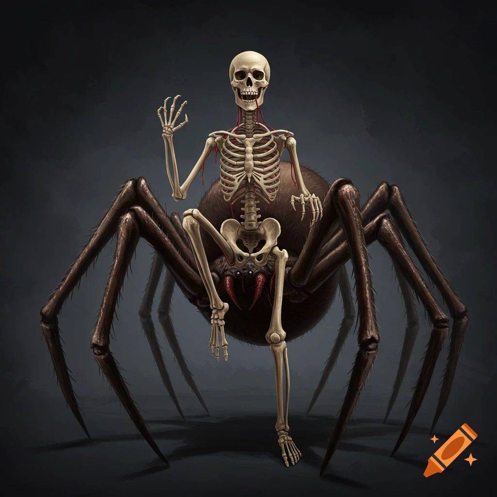 A skeleton sits on a giant spider against a dark background.