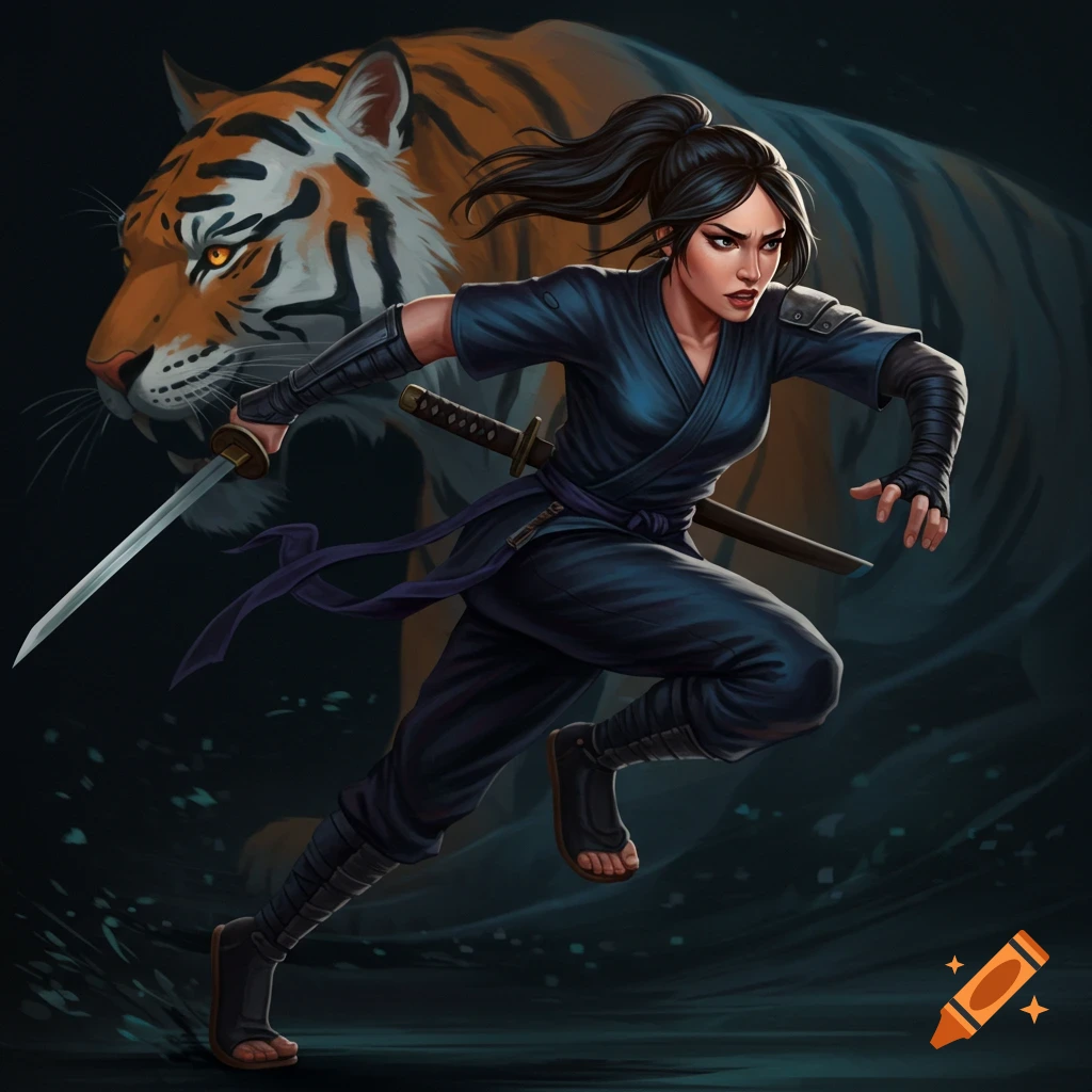 A woman in ninja attire holding a sword with a tiger in the background.