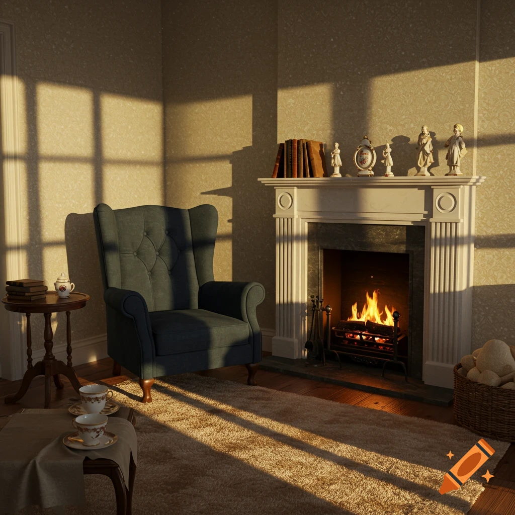 A cozy room with a fireplace, armchair, and warm light from a window.