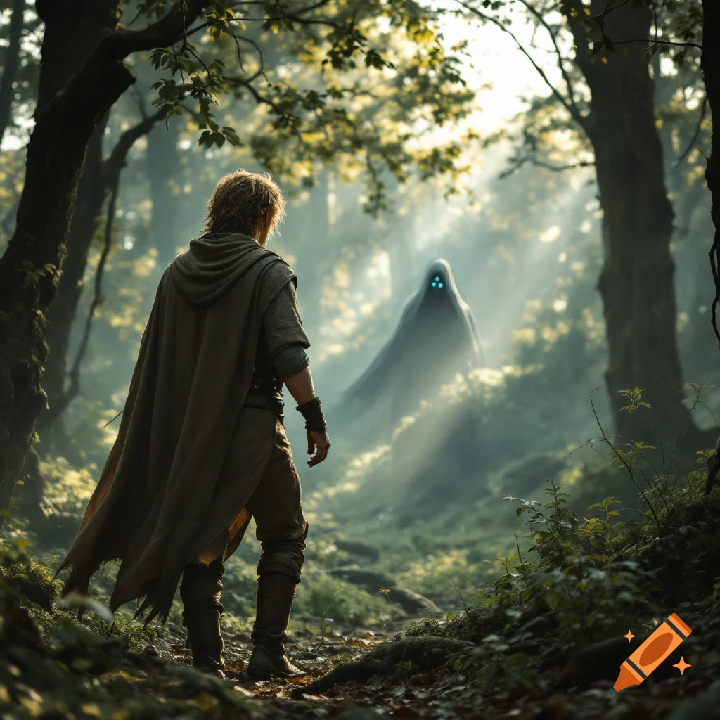 A figure in a forest stands facing a hooded figure with glowing eyes.