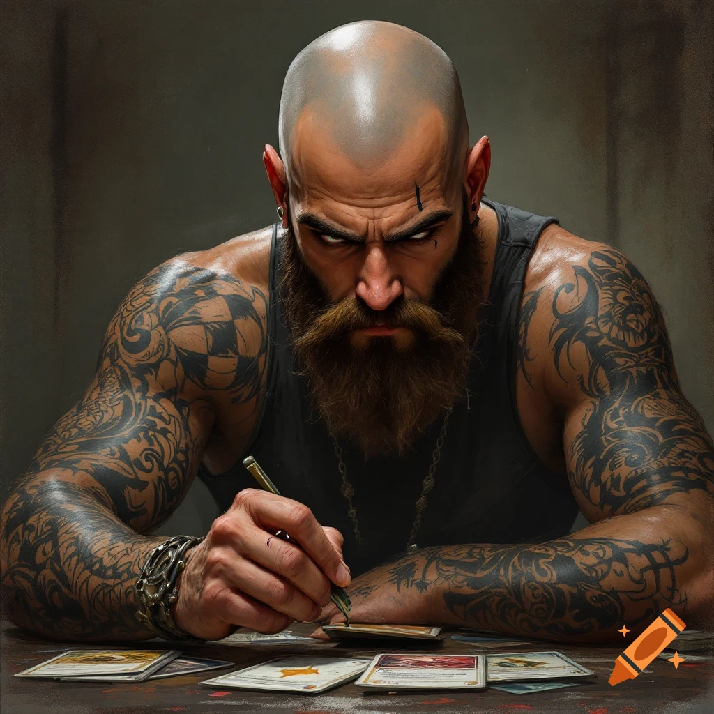 A bald, bearded man with tattoos is intensely focused on cards while playing a game.