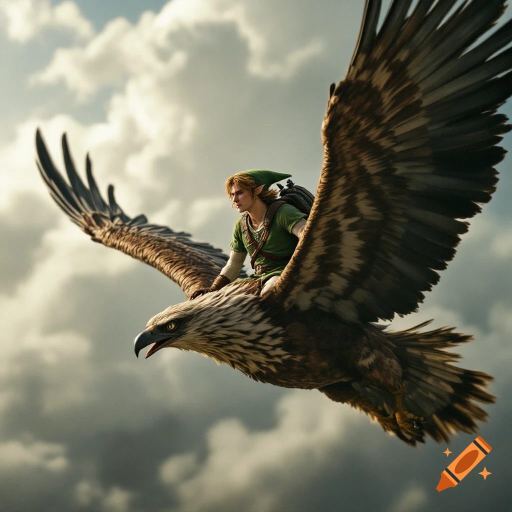 Link rides a majestic eagle through a cloudy sky.