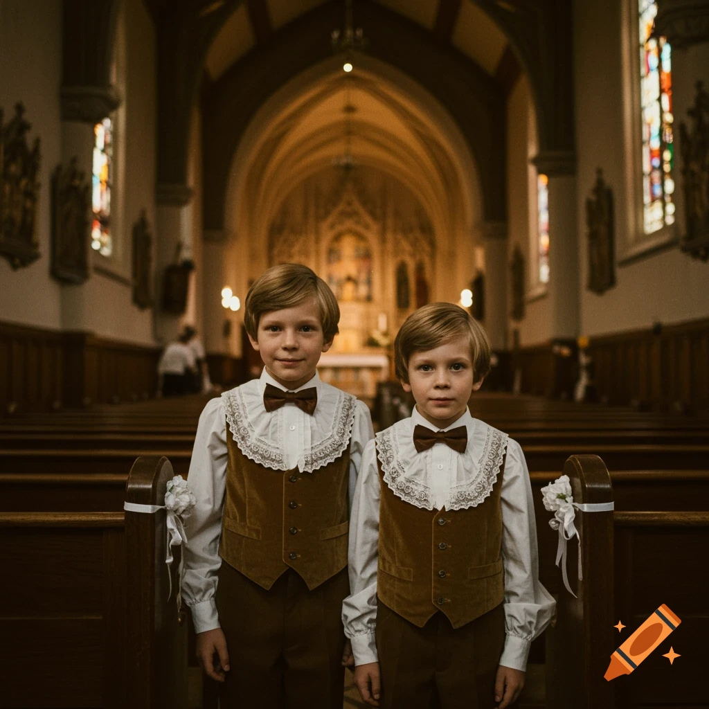 Two boys in vintage formal wear stand inside a dimly lit church, photographed with a sepia tone.